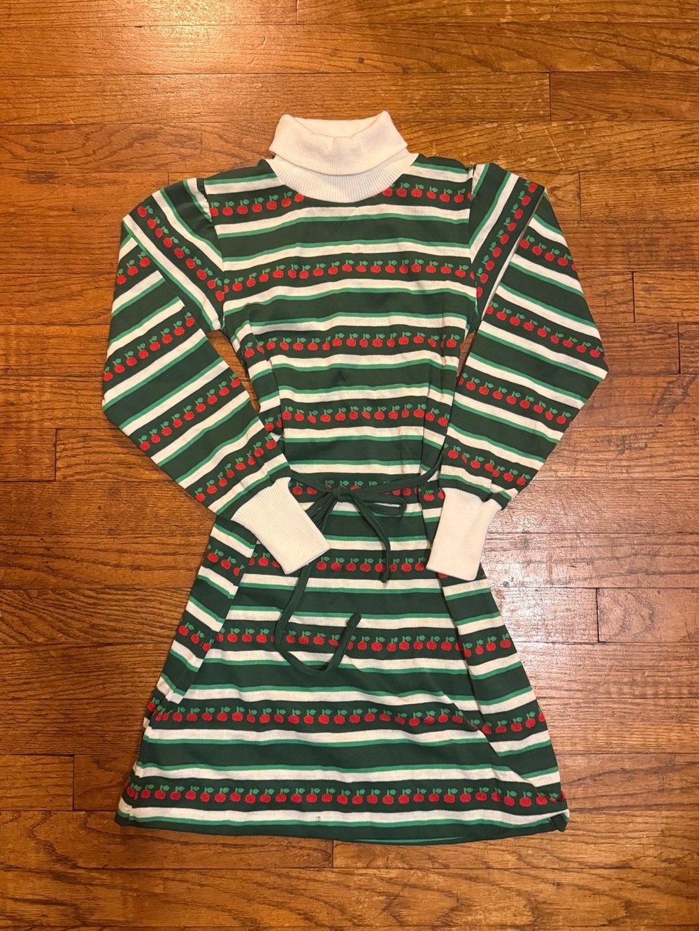 Vintage Kids Green Stripe Turtleneck Dress with Red Cherry Print